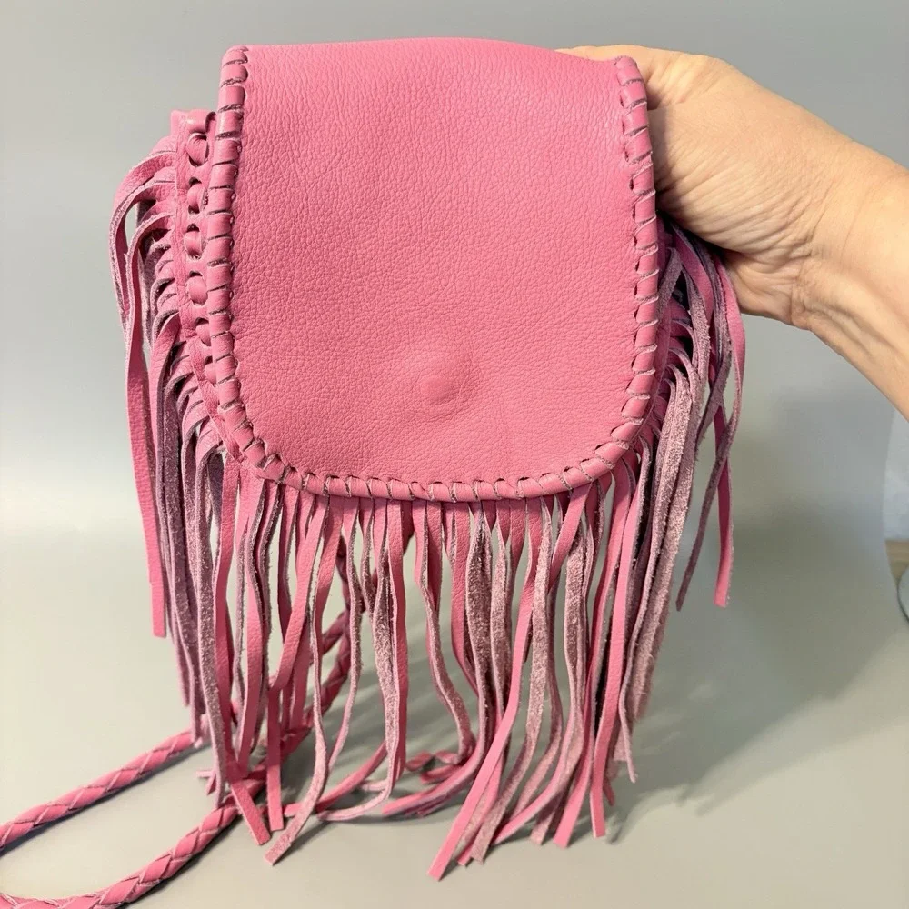 Jennifer Haley Purse Leather Fringe Shoulder Bag Pink Braided Strap Western Chic